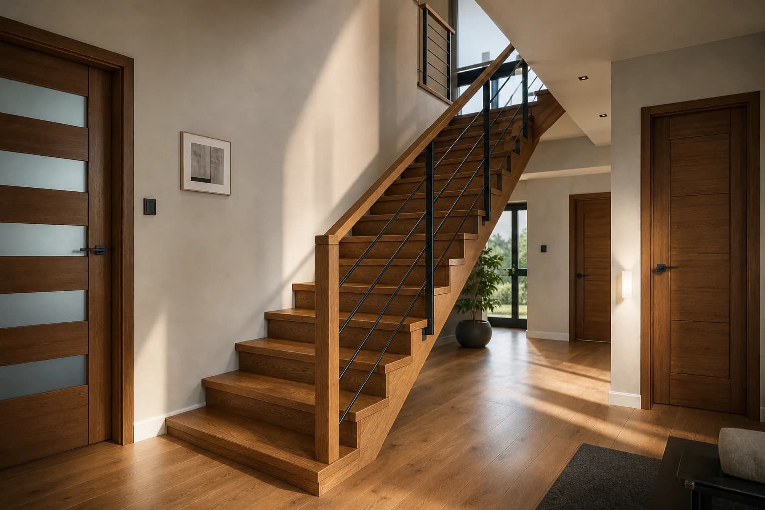 Moderne Holztreppe mit Metallgeländer in einem LUMORA-Innenraum